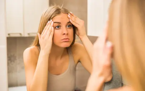 Zmartwiona kobieta ogląda swoją cerę w lustrze, szukając rozwiązania na trądzik, być może z myślą o spirytusie salicylowym.