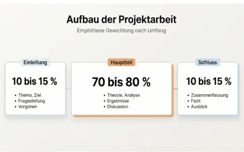 Aufbau der Projektarbeit: Einleitung (10-15%), Hauptteil mit Theorie, Analyse, Ergebnissen (70-80%), Schluss (10-15%).
