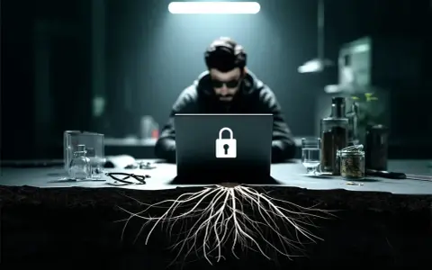 Haker w kapturze pracuje przy laptopie z symbolem kłódki. Pod stołem wyrastają korzenie, symbolizujące ukryty **rootkit**.