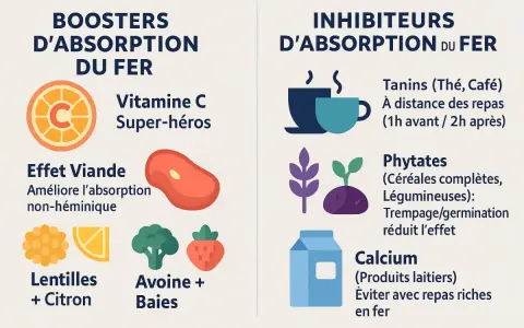 Vitamine C, viande, lentilles et avoine boostent l'absorption du fer. Évitez thé, café, phytates et calcium avec les repas pour optimiser à quel moment de la journée prendre du fer.