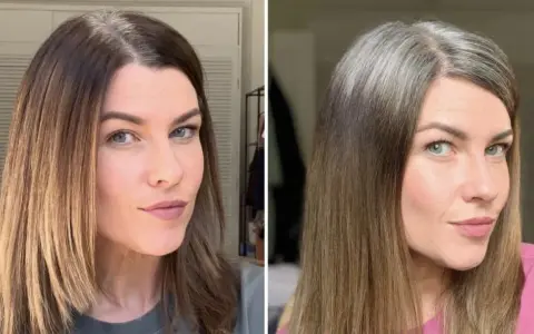 Frau lässt graue Haare rauswachsen. Links: Ansatz gefärbt, rechts: natürlicher grauer Ansatz.