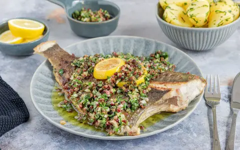 Gebratene Scholle mit Kräutern und Zitrone, serviert mit Salzkartoffeln. Ein köstlicher Fisch für Genießer.