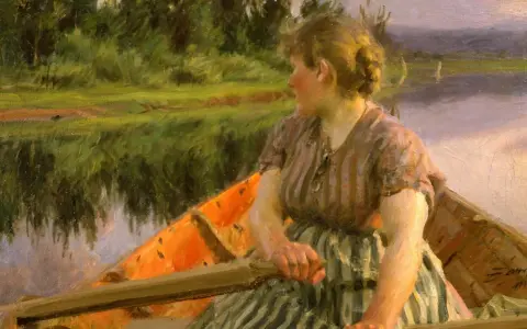 En kvinna ror i en båt, en klassisk scen av anders zorn konst. Vattnet speglar den gröna naturen.