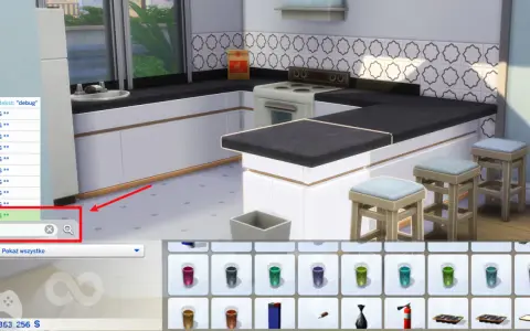 Wpisanie "debug" w wyszukiwarkę przedmiotów w The Sims 4, aby znaleźć ukryte obiekty.