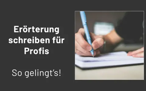 Eine Hand schreibt mit einem blauen Stift auf Papier. Ein gutes **Erörterung Beispiel** für Profis.