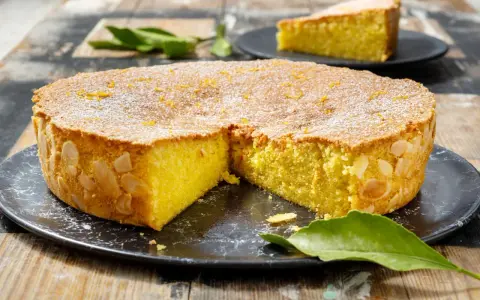Una deliziosa caprese al limone, cosparsa di zucchero a velo e scorzetta d'arancia, con mandorle sui bordi.