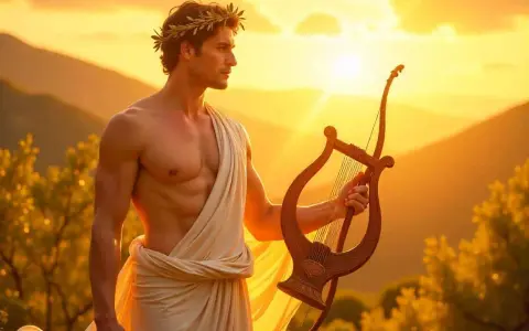 Apollon, Gott der Künste, trägt einen Lorbeerkranz und hält eine Lyra. Seine göttlichen Eigenschaften spiegeln sich im warmen Sonnenlicht.