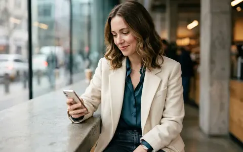 Uśmiechnięta kobieta w beżowym płaszczu przegląda telefon. Zastanawia się, co odpisać na "czego szukasz na Tinderze?".