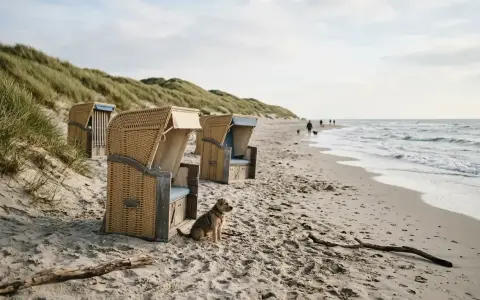 Ein kleiner Hund wartet geduldig am hundestrand nordsee neben Strandkörben. Im Hintergrund spazieren Menschen mit ihren Hunden am Meer.