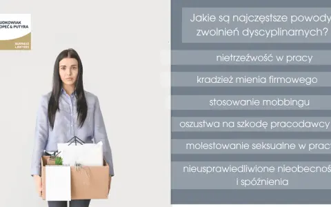 Kobieta z kartonem rzeczy po zwolnieniu dyscyplinarnym. Na ekranie lista powodów: nietrzeźwość, kradzież, mobbing, oszustwa, molestowanie, nieobecności.