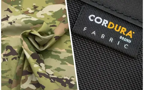 Dwa rodzaje materiału: jeden w kamuflażu, drugi czarny z widocznym logo CORDURA FABRIC.