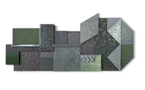Composizione geometrica di texture verdi e grigie, che evoca il significato della pietra lavica: forza e trasformazione.
