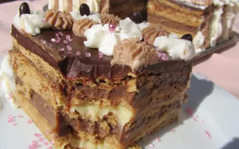 Un trozo de tarta de la abuela, con capas de galleta y crema de chocolate, decorada con nata y virutas rosas.