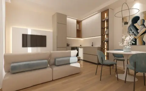 Soggiorno beige e bianco con divano, cucina moderna, tavolo rotondo e quadro astratto.