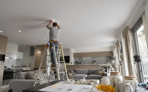 Un homme sur une échelle installe un spot dimmable au plafond d'un salon moderne.