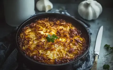 En gyllene kålpudding i gjutjärnspanna, redo att serveras. Ett klassiskt kålpudding recept som doftar ljuvligt.
