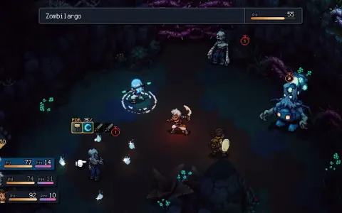 Combate en el **sea of stars dlc**. Personajes luchan contra zombis y un monstruo azul en un entorno oscuro.