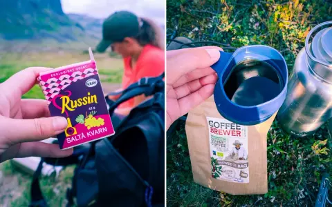 En paus under kungsleden vandring med russin och kaffe.
