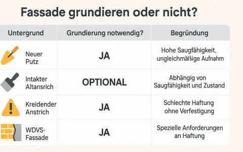 Tabelle zeigt, wann eine Fassade grundieren notwendig ist: Neuer Putz und kreidender Anstrich erfordern Grundierung.
