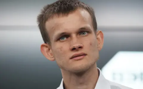 Vitalik Buterin, twórca Ethereum, z niebieskimi oczami i krótkimi włosami, w białej koszuli.