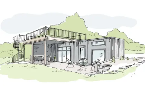 Dessin d'une maison moderne en conteneurs avec terrasse et escalier extérieur.