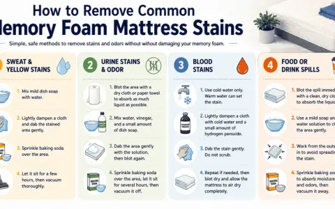 Learn how to clean a mattress with this guide on removing common memory foam stains like sweat, urine, blood, and spills using simple household items.