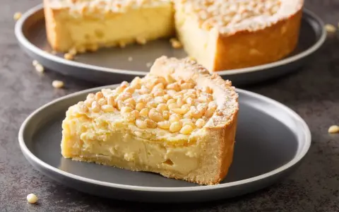 Una fetta di torta con crema pasticcera e pinoli, cosparsa di zucchero a velo. Un dolce invitante.