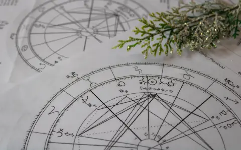 Zrozumienie, jak czytać kosmogram, to klucz do odkrywania tajemnic wszechświata. Na zdjęciu widać fragmenty kosmogramów, symboli astrologicznych i gałązkę iglastą.