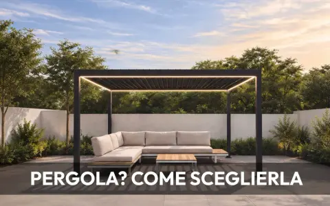 Moderna pergola con illuminazione LED e divano angolare in un giardino curato. Idee pergolato giardino per creare uno spazio relax.