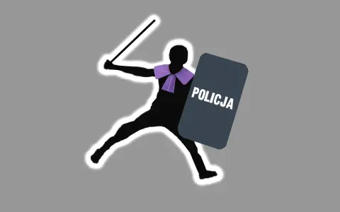 Sylwetka policjanta z tarczą i pałką, na szarym tle.