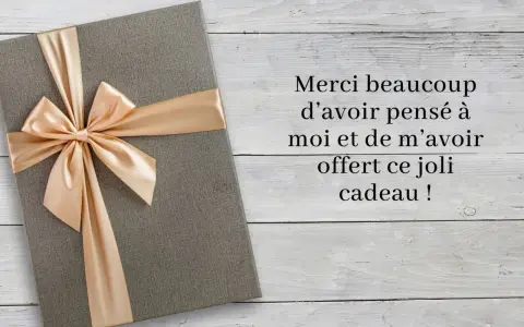 Un cadeau gris avec un ruban doré, accompagné d'un message : "Merci beaucoup d'avoir pensé à moi et de m'avoir offert ce joli cadeau !