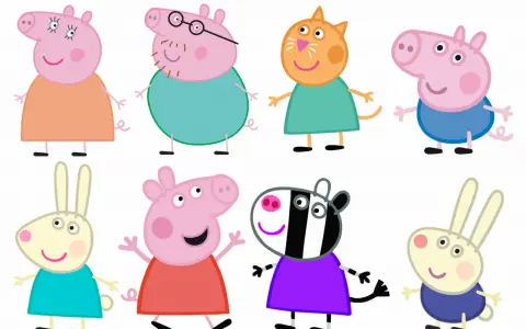 Świnka Peppa i jej przyjaciele: Mama Świnia, Tata Świnia, Kotka, Świnia, Króliczka, Zebra i Królik.