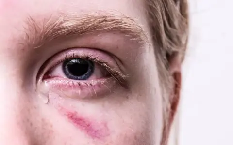 Zaczerwienione oko z siniakiem pod spodem, łza spływająca po policzku. Ból oka po uderzeniu jest widoczny.