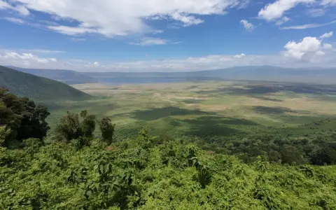 Rozległy widok na krater Ngorongoro z bujną zielenią na pierwszym planie i jeziorem w oddali.