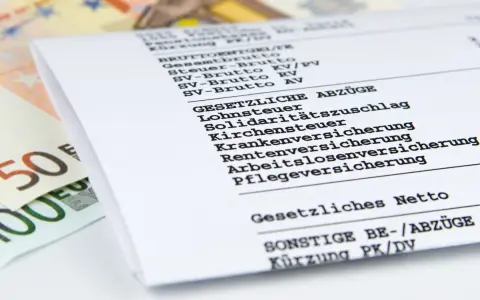 Ausschnitt einer Gehaltsabrechnung mit Posten wie Lohnsteuer, Kirchensteuer und Sozialabgaben. Daneben liegen Euro-Scheine.