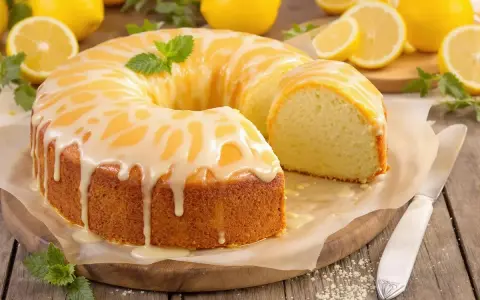 Un cake au citron ultra moelleux, nappé d'un glaçage blanc et jaune, décoré de menthe. Des citrons frais entourent ce délice.