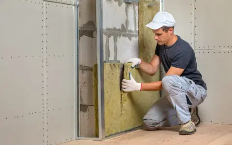 Un ouvrier installe un isolant dans une ossature métallique, étape clé pour une isolation thermique et acoustique performante.