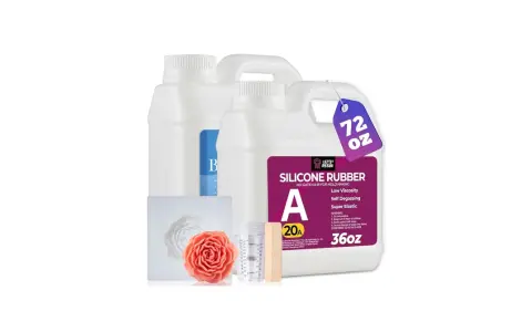 Silicone rubber kit for mold making, featuring two bottles, measuring cups, and wooden stirrers.