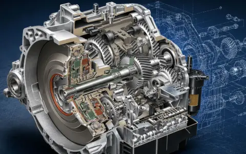 Przekładnia automatyczna w przekroju, ukazująca skomplikowane mechanizmy i koła zębate. Widoczne są elementy sterujące i hydrauliczne, które umożliwiają płynną zmianę **półbiegów**.