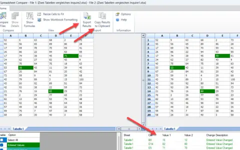 Zwei Excel-Spalten vergleichen: Unterschiede in Zellen B8, D14 und E5 werden hervorgehoben.
