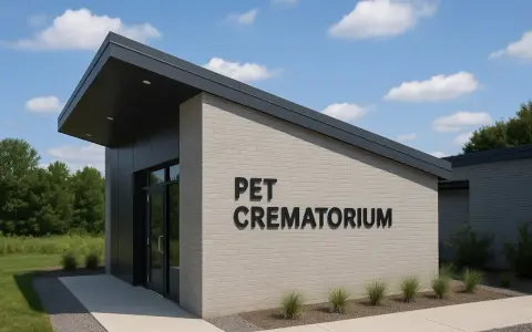 Nowoczesny budynek krematorium dla zwierząt z napisem "PET CREMATORIUM".