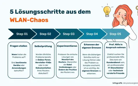 Hilfe bei schlechtem Internet: 5 Schritte von Fragen stellen bis professionelle Hilfe. Eine Frau denkt nach, umgeben von Glühbirnen und Fragezeichen.