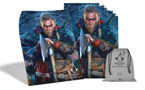 Puzzle z Eivorem z Assassin's Creed Valhalla i worek do przechowywania gier i puzzli.