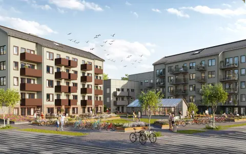 Nya Hovås: moderna lägenhetshus med balkonger, grönskande innergård med växthus och cyklar.