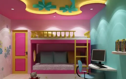Cameretta con letto a castello, scrivania e decorazioni a soffitto. Idee cartongesso cameretta per un ambiente colorato e funzionale.