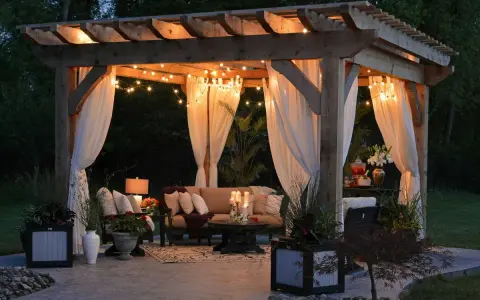 Pérgola iluminada con luces cálidas y cortinas blancas, creando un ambiente acogedor. Una idea perfecta para saber como iluminar un jardin y disfrutarlo de noche.