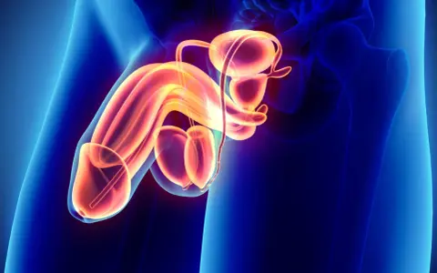 Anatomia męskiego układu rozrodczego, ukazująca prącie, jądra i pęcherz moczowy w neonowych barwach.