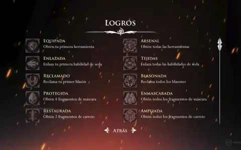 Pantalla de logros de Hollow Knight, mostrando la progresión en herramientas, habilidades y coleccionables.
