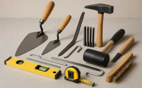 Conjunto de herramientas de albañilería y carpintería, incluyendo paletas, martillo, cinceles, nivel, cinta métrica y cepillo. Estos instrumentos de medición y trabajo son esenciales para cualquier proyecto.