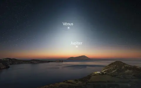 Le ciel étoilé, baigné d'une douce **lumière du jour** naissante, révèle Vénus et Jupiter au-dessus d'une côte rocheuse et d'une mer calme.